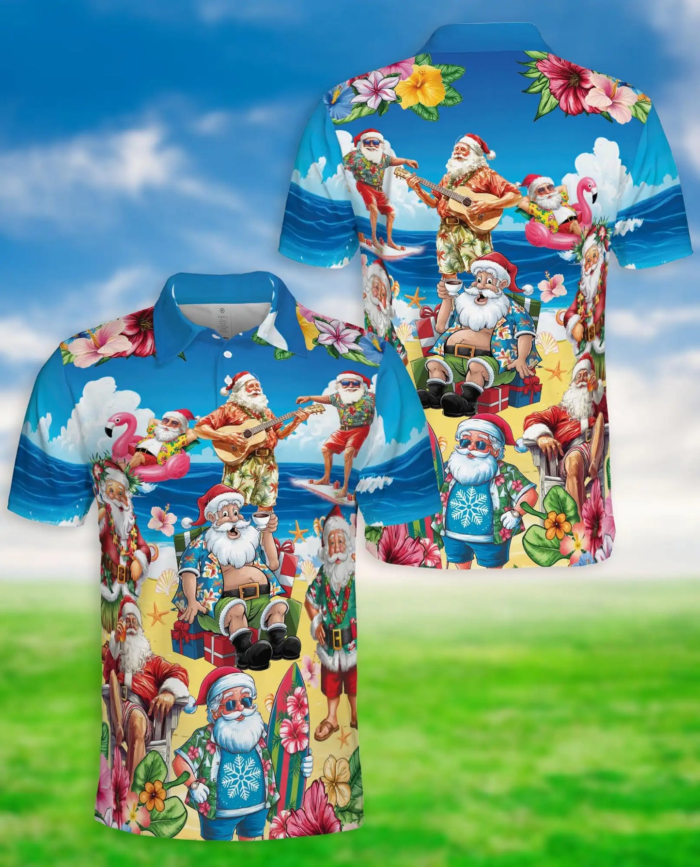 Santa Beach Holiday Polo Shirt for Men – Summer Hawaiian Xmas Shirt | Netecom