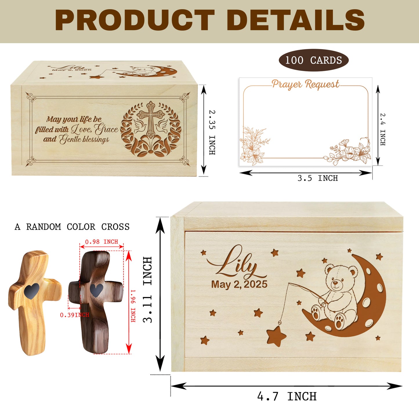 Netecom Personalized Baby Wooden Prayer Box with 100 Prayer Request Cards, Custom Name & Year Keepsake, Wooden Cross, Christian Faith Gift