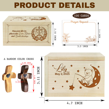 Netecom Personalized Baby Wooden Prayer Box with 100 Prayer Request Cards, Custom Name & Year Keepsake, Wooden Cross, Christian Faith Gift