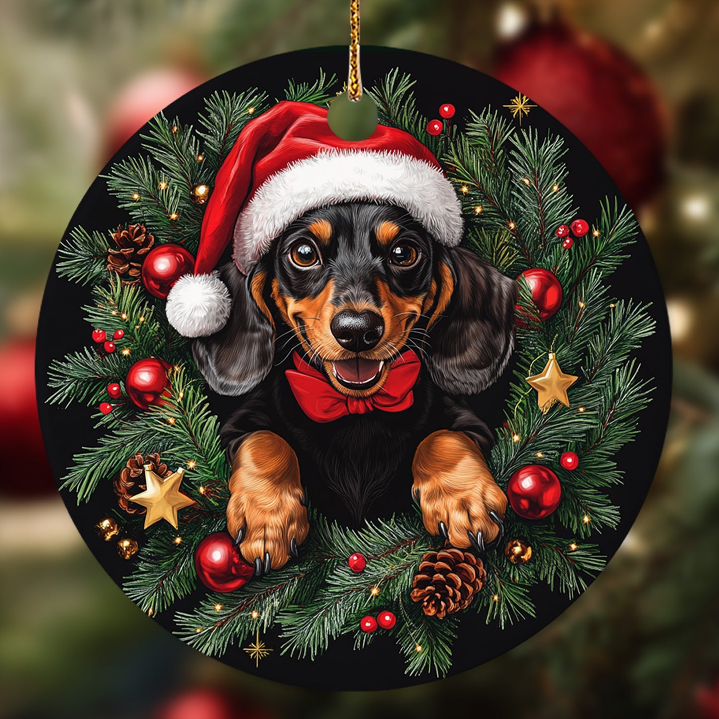 Netecom Funny Dachshund in Santa Hat Christmas Ornament, Wiener Dog Ceramic Ornament for Xmas Tree Hanging Decorations Gift, Dog Lover Gifts, Holiday Party Present