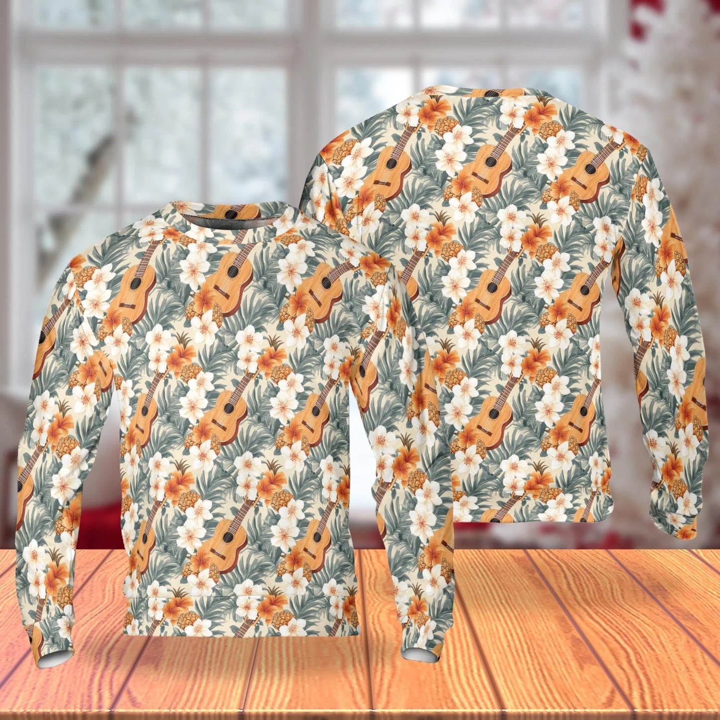 Tropical Pineapple Guitar Sweatshirt, 3D All Over Print Island Music Crewneck Pullover for Men Women, Guitar Lover Gift - Netecom