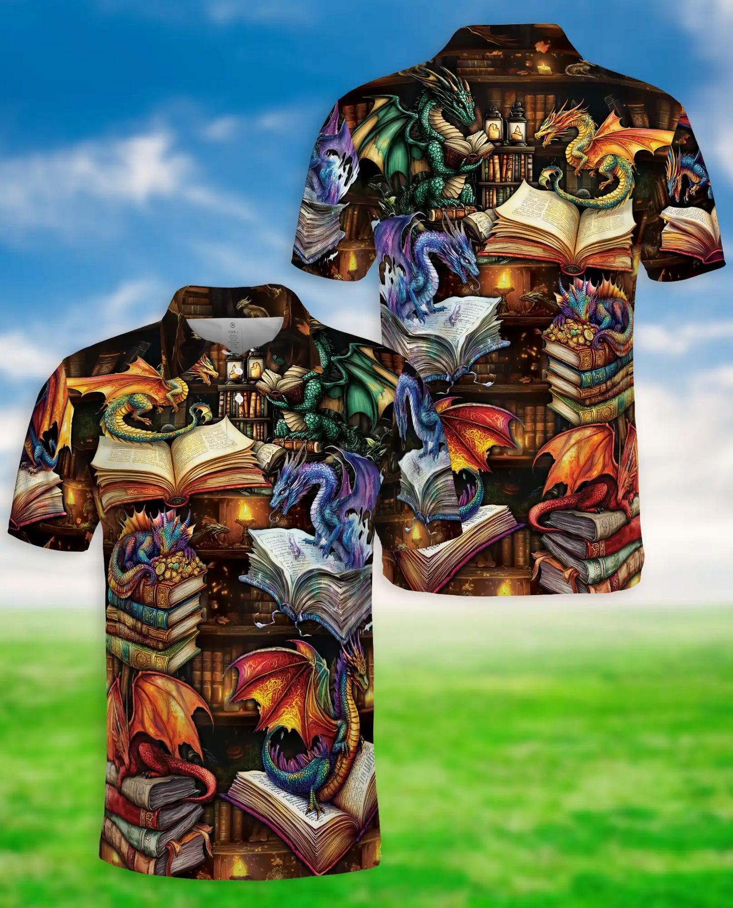 Fantasy Dragon Library 3D Polo Shirt for Men – Magical Book Art Style | Netecom