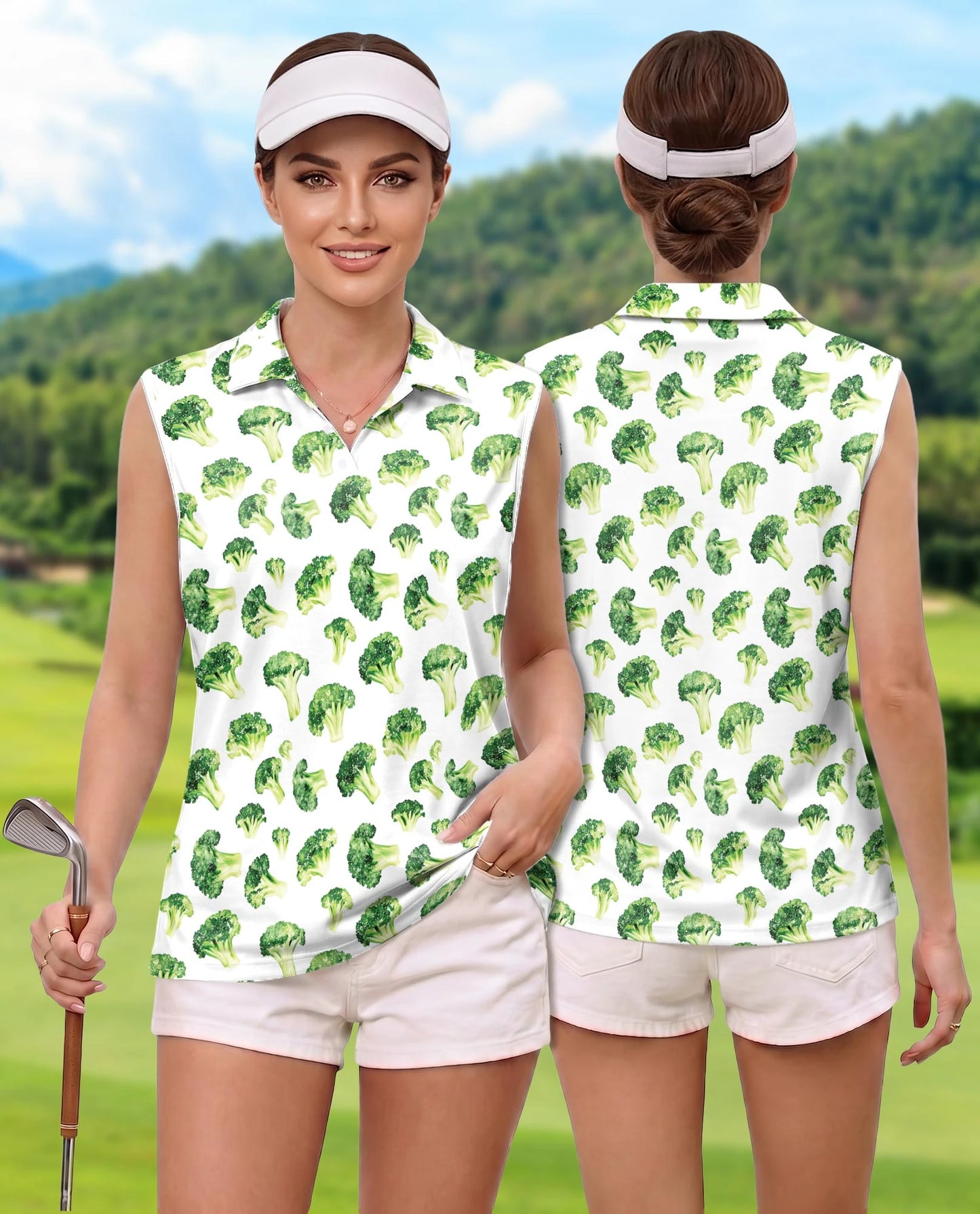 Broccoli Pattern Sleeveless Polo Shirt for Women | Netecom