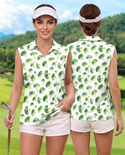 Broccoli Pattern Sleeveless Polo Shirt for Women | Netecom