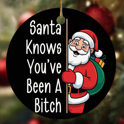 Netecom Funny Santa Claus Christmas Ornament, Santa Knows You've Been Ceramic Ornament for Xmas Tree Hanging Decorations Gift, Gifts for Friends & Family, Holiday Party Present