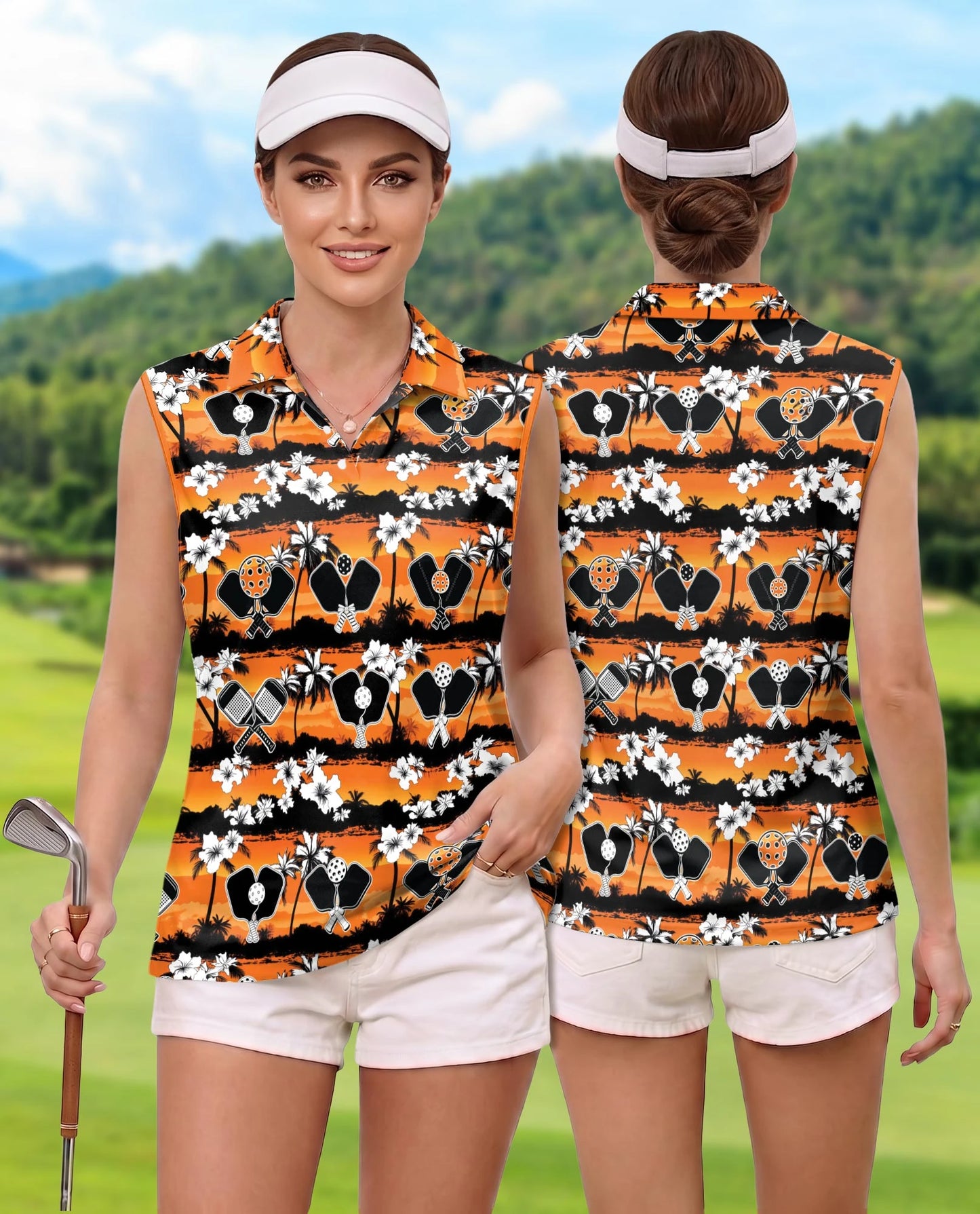Pickleball Tropical Rhombus Pattern Sleeveless Polo Shirt for Women | Netecom
