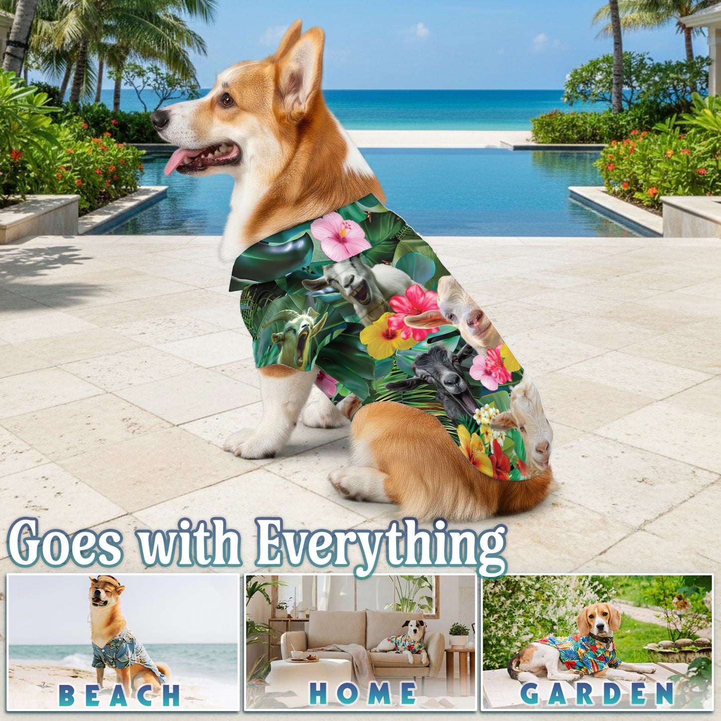 Netecom Matching Happy Goat Hawaiian Shirt for Dog and Owner, Fun Animal Aloha Summer Shirt, Playful Button Down Outfit for Pet and Human, Vacation Beach Casual Wear