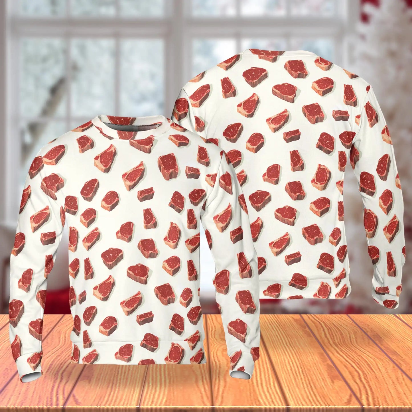 Steak Pattern Sweatshirt, 3D All Over Print Grilled Steak Food Crewneck Pullover for Men Women, Steak Lover Gift - Netecom