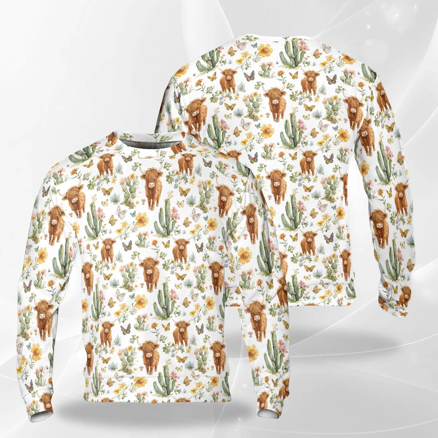 Cute Highland Cattle Sweatshirt, 3D All Over Print Fluffy Cow Crewneck Pullover for Men Women, Highland Cow Lover Gift - Netecom