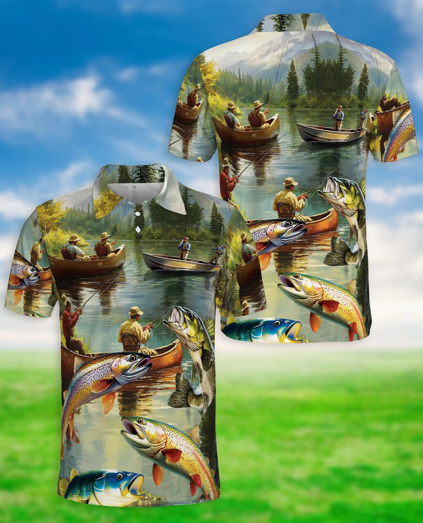 Lake Fishing Adventure 3D Polo Shirt for Men – Outdoor Angler Nature Style | Netecom