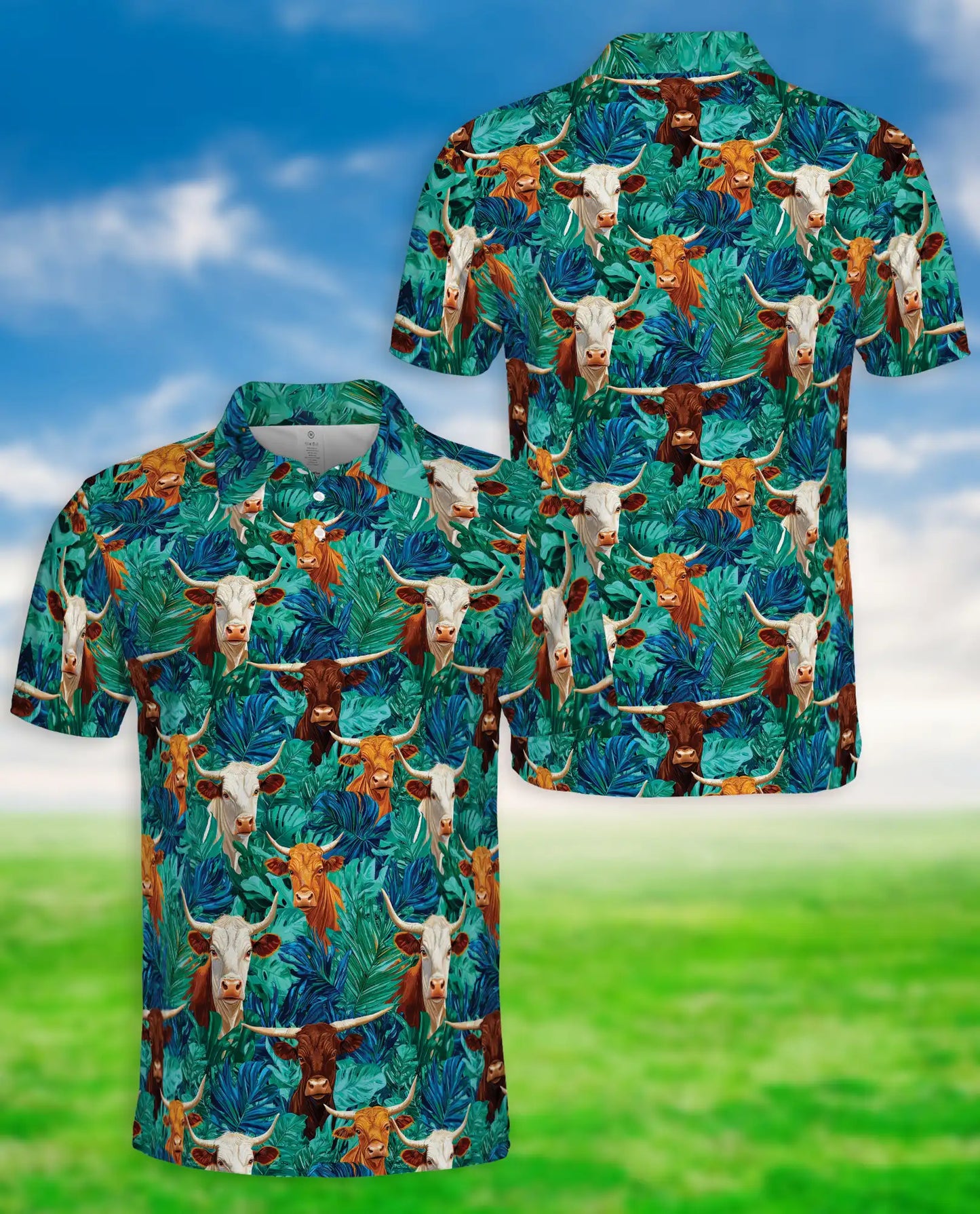 Longhorn Cattle Hawaiian 3D Polo Shirt for Men | Netecom