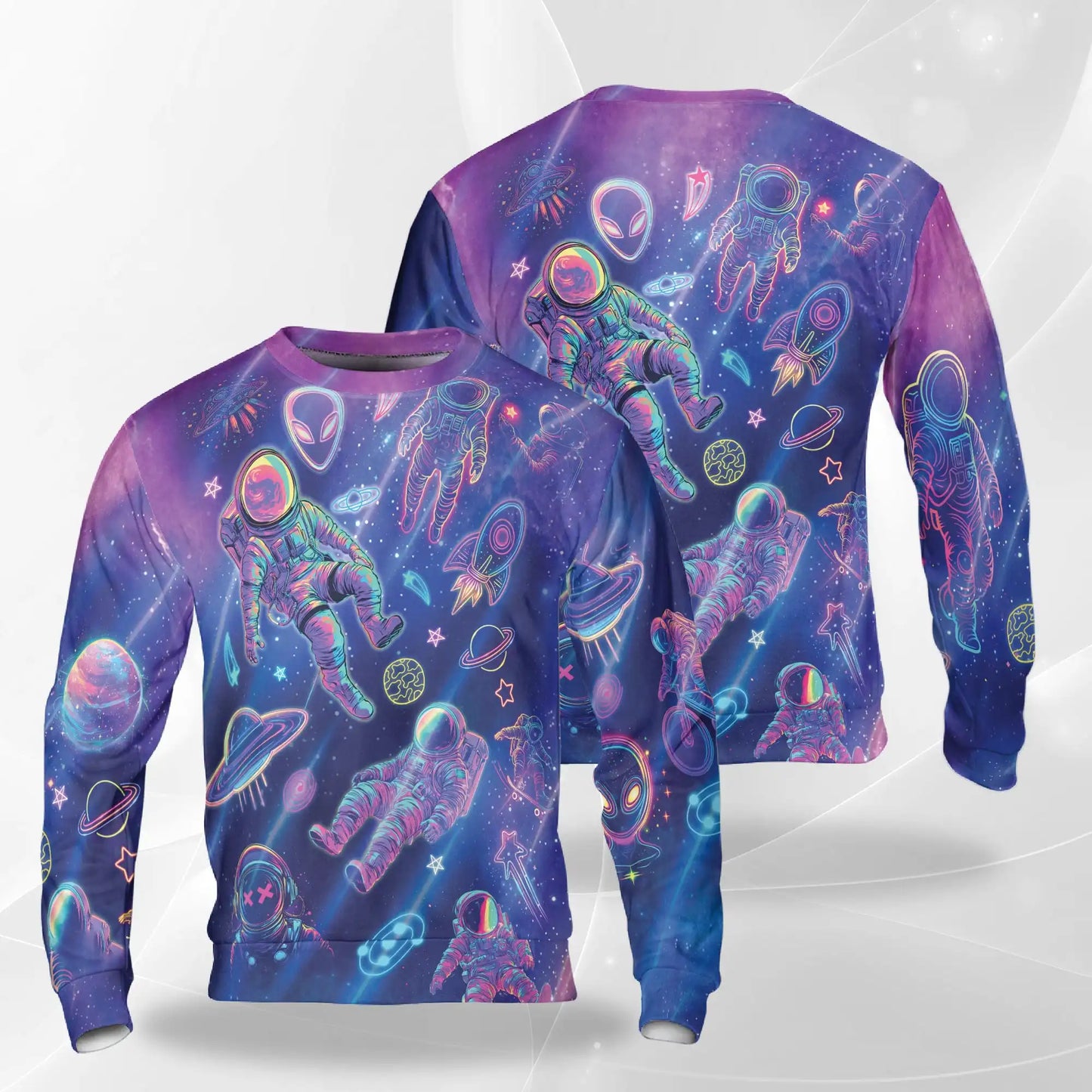 Neon Astronauts Sweatshirt, 3D All Over Print Space Galaxy Crewneck Pullover for Men Women, Astronaut Lover Gift - Netecom