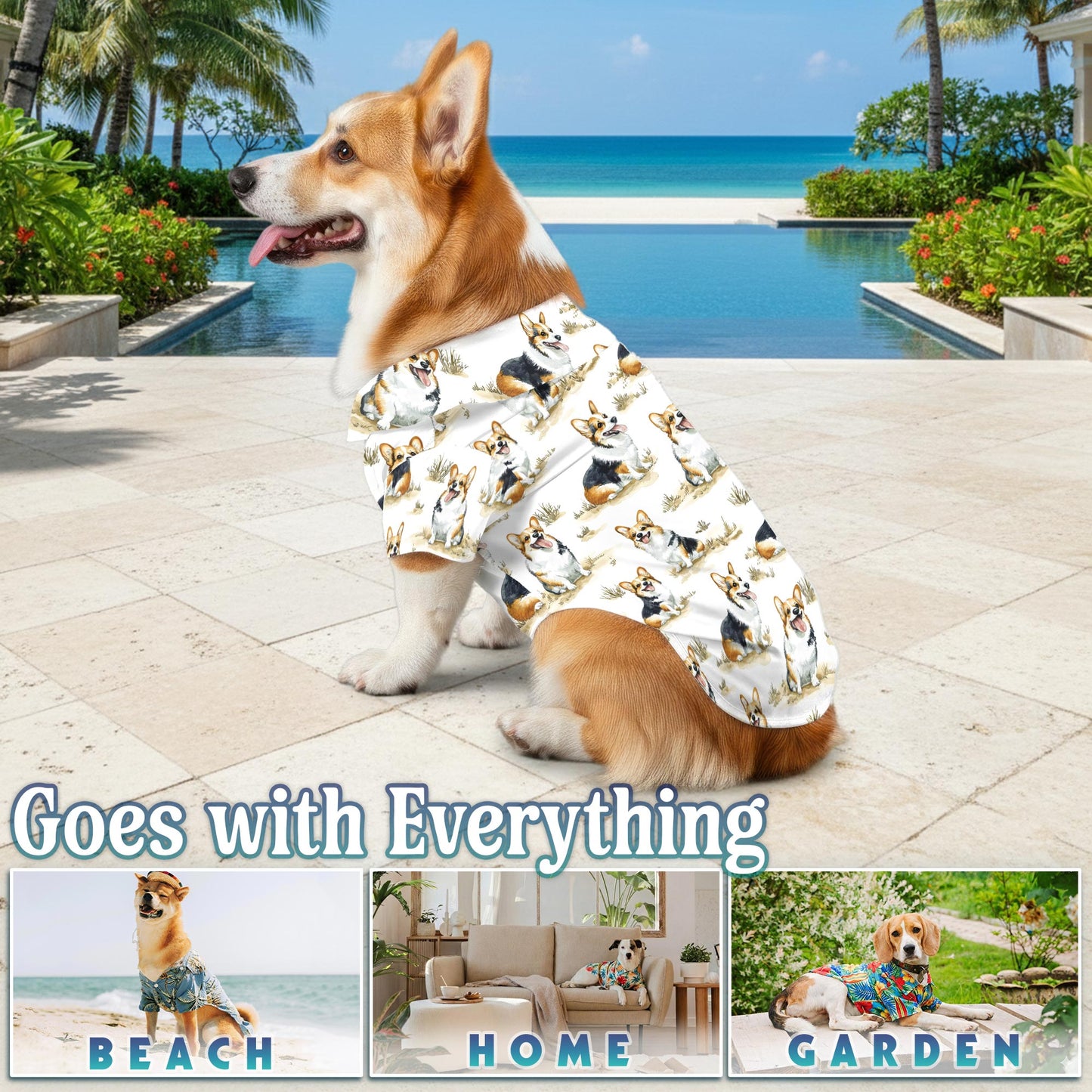 Netecom Matching Smiling Corgi Aloha Hawaiian Shirt for Dog and Owner, Happy Dog Print Summer Button Down Shirt, Fun Beach Vacation Casual Wear for Pet and Human