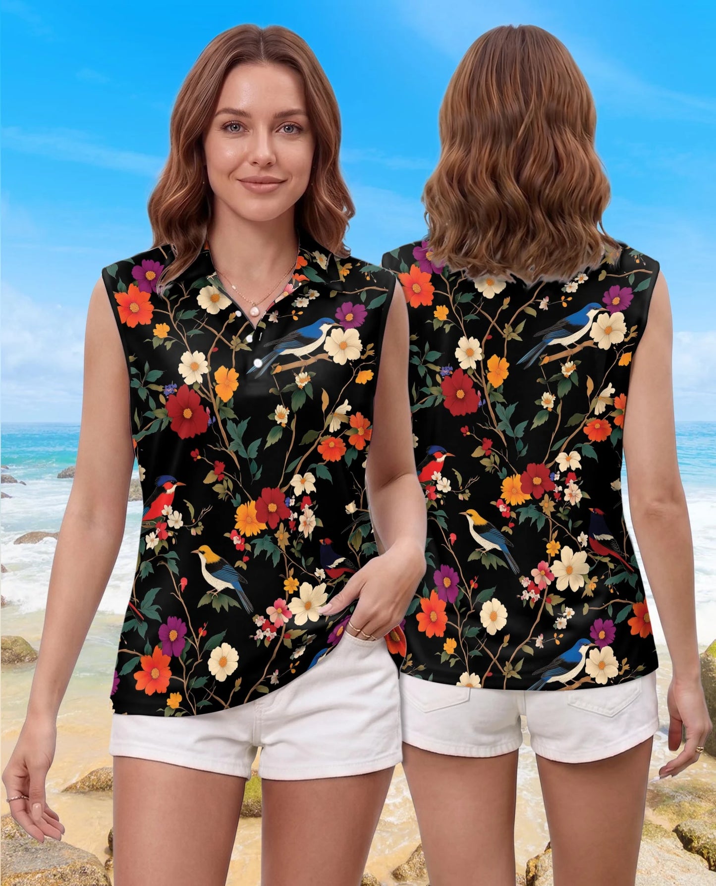 Bird and Flower Sleeveless Polo Shirt for Women | Netecom