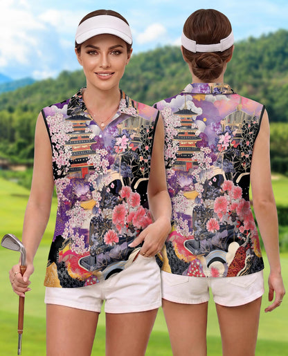 Japanese Ukiyo-e Sakura Cherry Blossom Sleeveless Polo Shirt for Women | Netecom