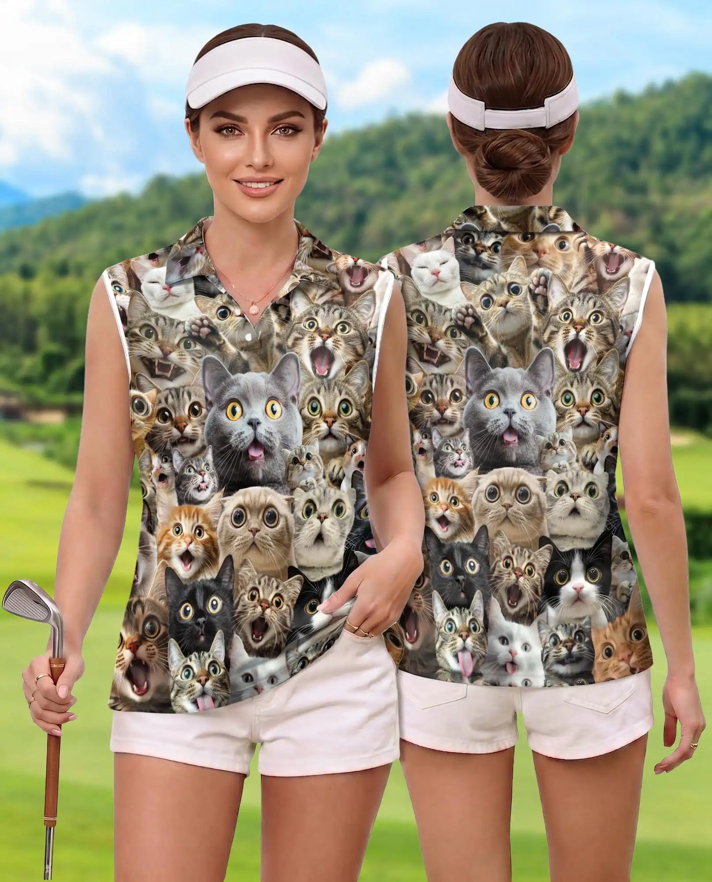 Cat Collage Sleeveless Polo Shirt for Women – Cute Feline Lover Style | Netecom