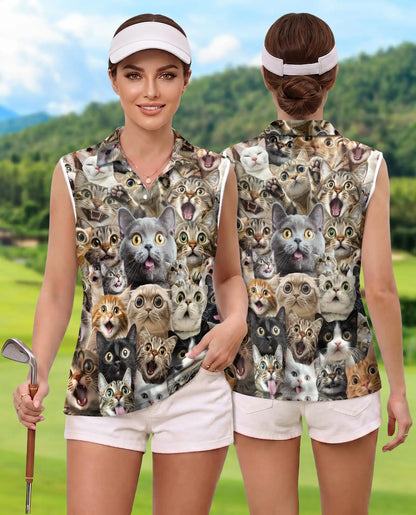 Cat Collage Sleeveless Polo Shirt for Women – Cute Feline Lover Style | Netecom