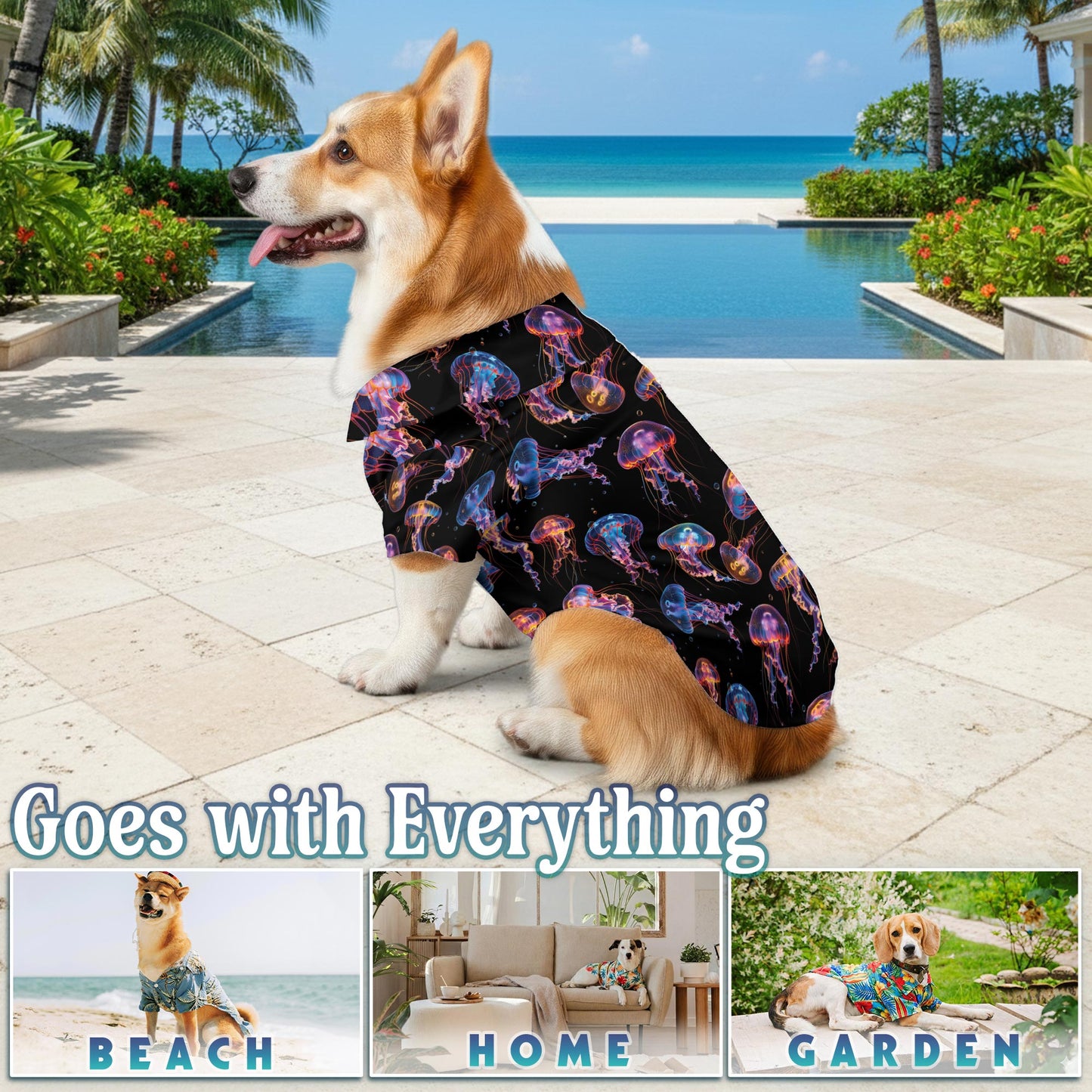 Netecom Matching Neon Jellyfish Aloha Hawaiian Shirt for Dog and Owner, Ocean Glow Theme Summer Shirt, Coordinated Beach Vacation Casual Wear for Pet and Human