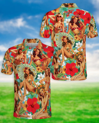 Tropical Pin Up Polo Shirt - Vintage Hawaiian Beauty Style | Netecom