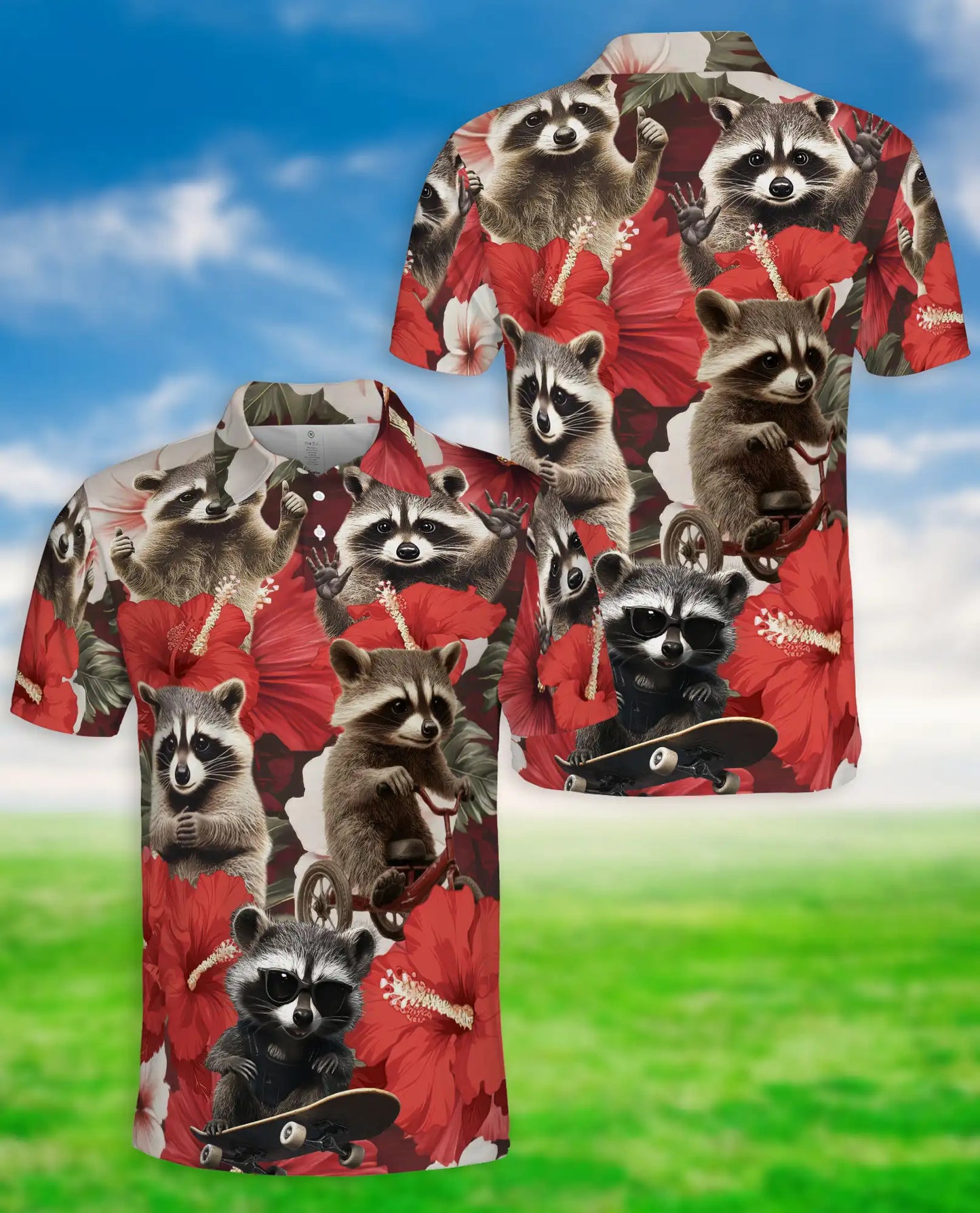 Raccoon Floral 3D Polo Shirt for Men – Funny Animal Hibiscus Style | Netecom