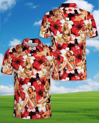 Pin Up Girl Polo Shirt – Retro Tropical Floral Print | Netecom