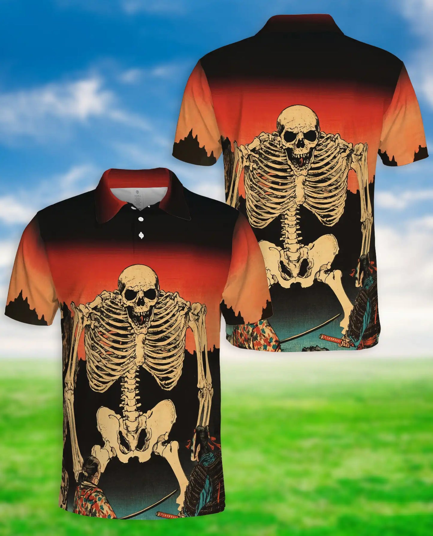 Skeleton Sunset Polo Shirt – Vintage Skull Print | Netecom