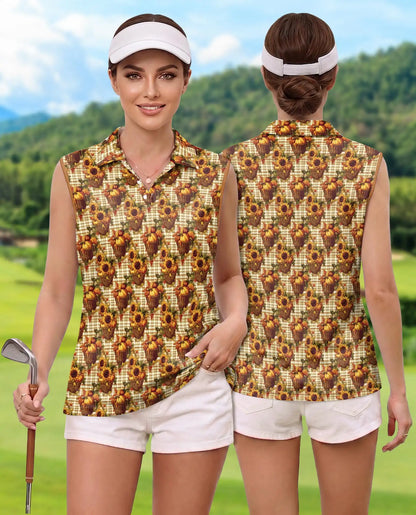 Pumpkin And Sunflower Basket Pattern Sleeveless Polo Shirt for Women  | Netecom