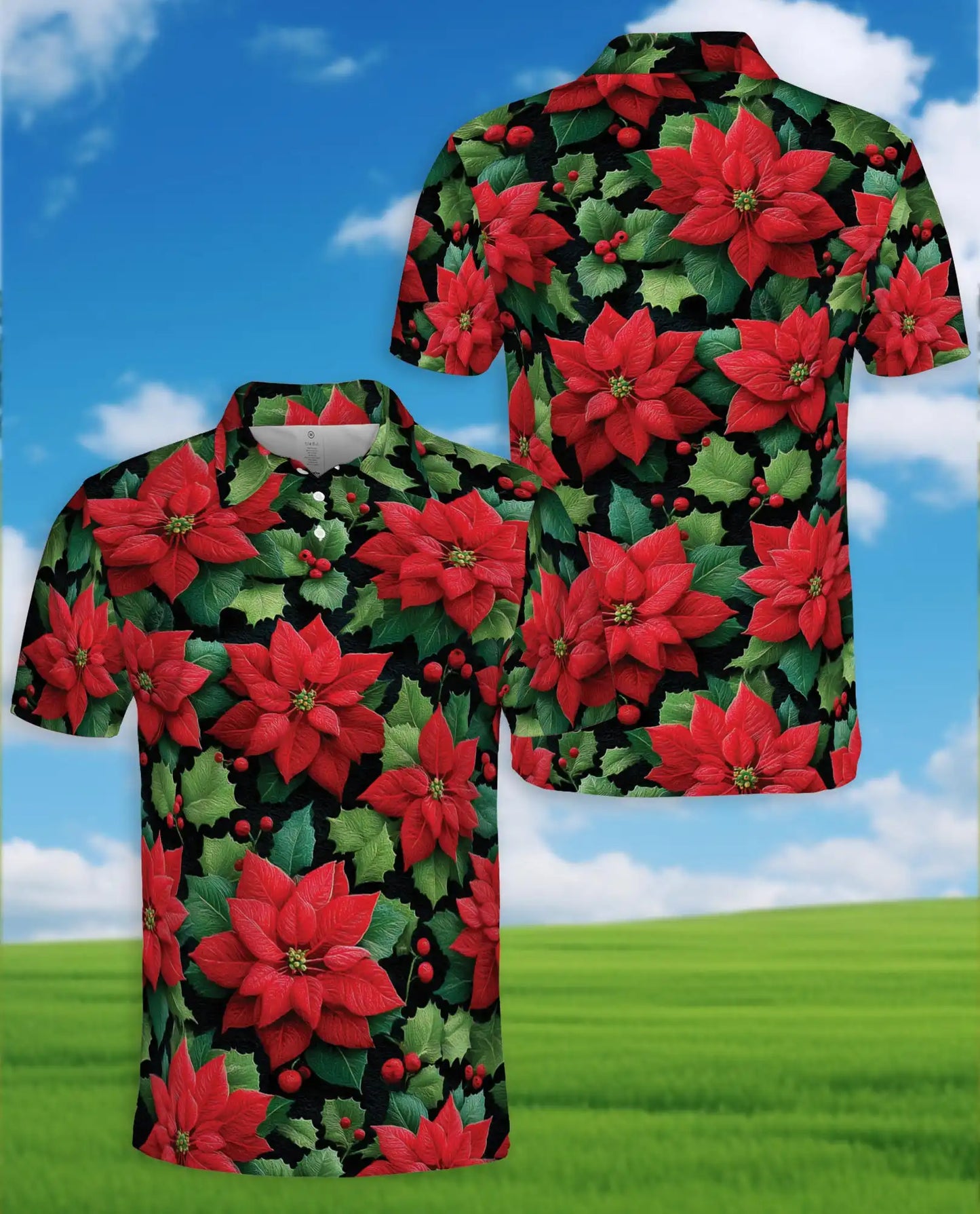 Poinsettia Christmas Polo Shirt - Holiday Floral Winter Botanical Design | Netecom