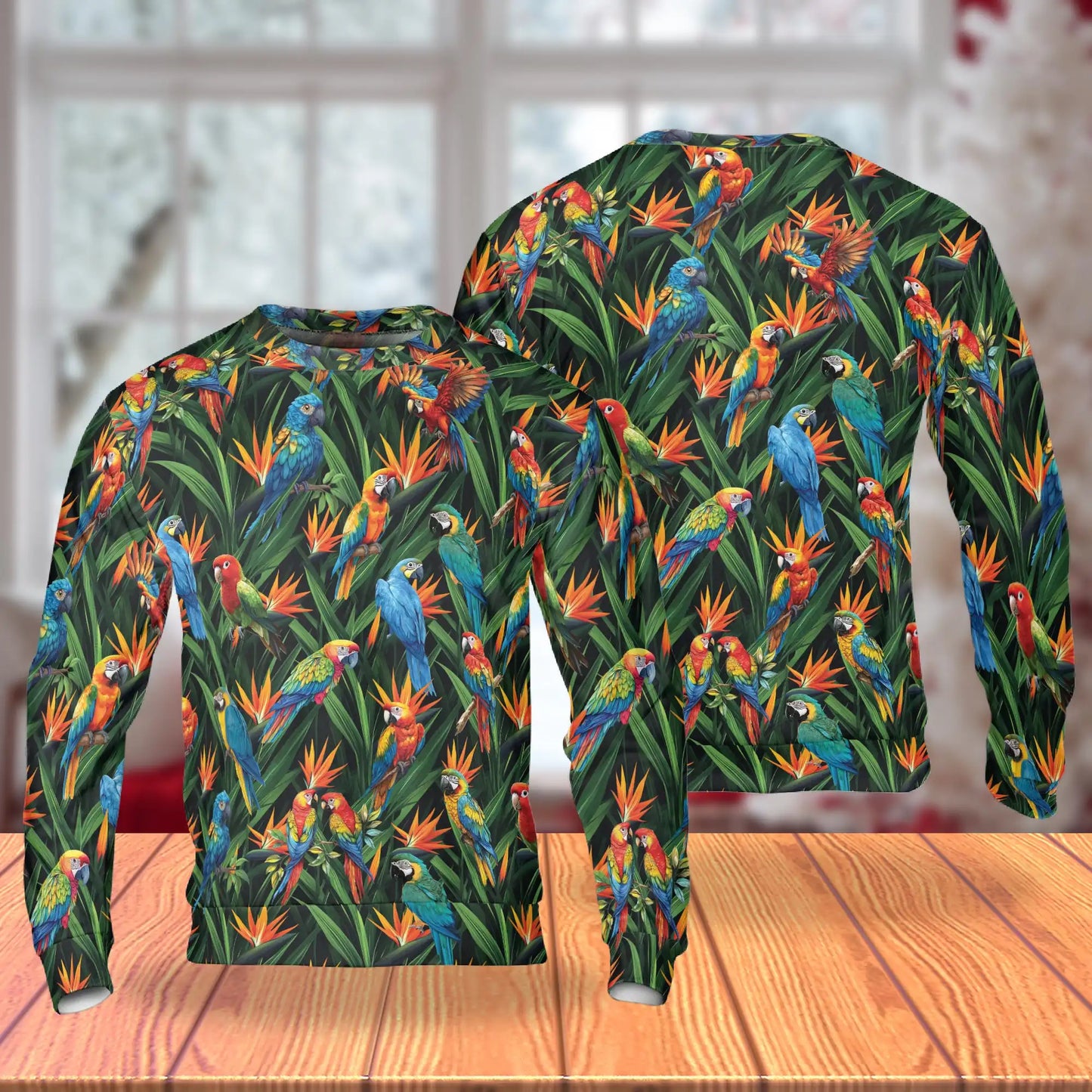 Tropical Macaw Parrot Bird Sweatshirt, 3D All Over Print Colorful Tropical Crewneck Pullover for Men Women, Parrot Lover Gift - Netecom