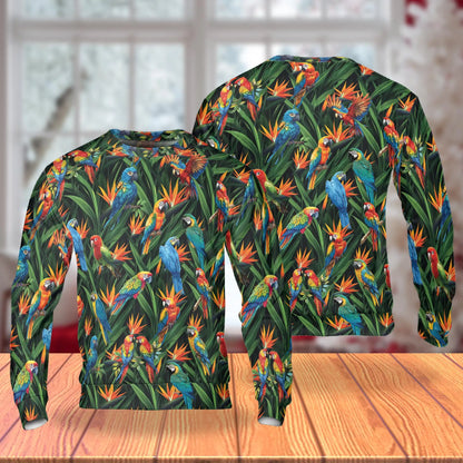Tropical Macaw Parrot Bird Sweatshirt, 3D All Over Print Colorful Tropical Crewneck Pullover for Men Women, Parrot Lover Gift - Netecom