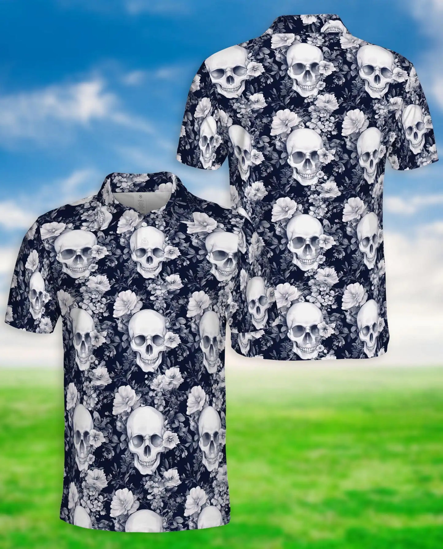 Gothic Skull Floral Hawaiian Polo Shirt | Dark Aesthetic Skull Shirt | Netecom