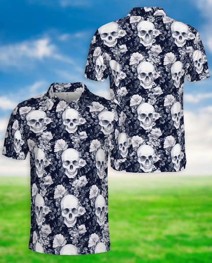 Gothic Skull Floral Hawaiian Polo Shirt | Dark Aesthetic Skull Shirt | Netecom
