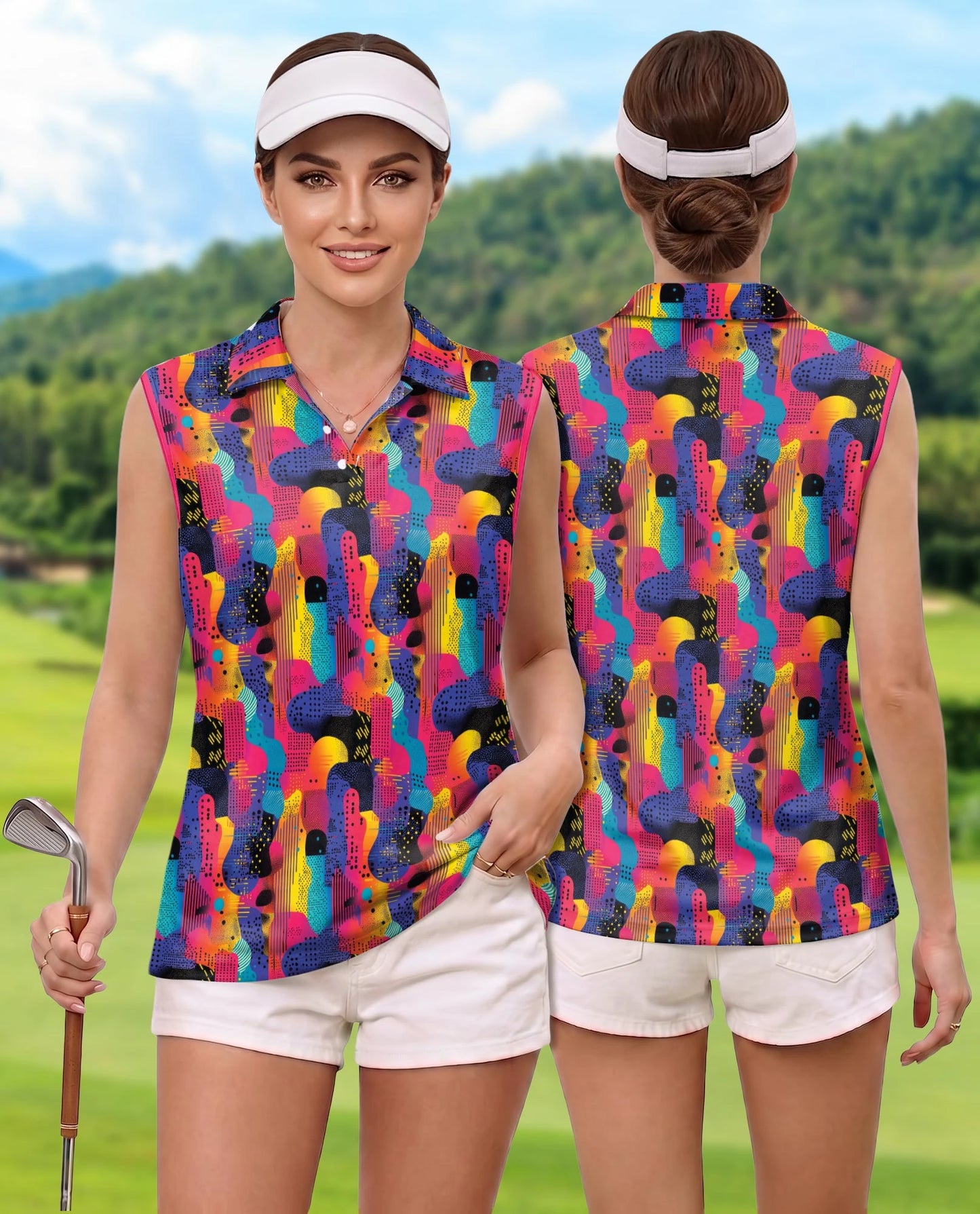 80s Memphis Pattern Sleeveless Polo Shirt for Women | Netecom