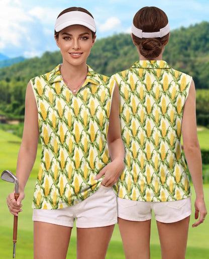 Sweet Corn Pattern Sleeveless Polo Shirt for Women – Cute Food Lover Style | Netecom