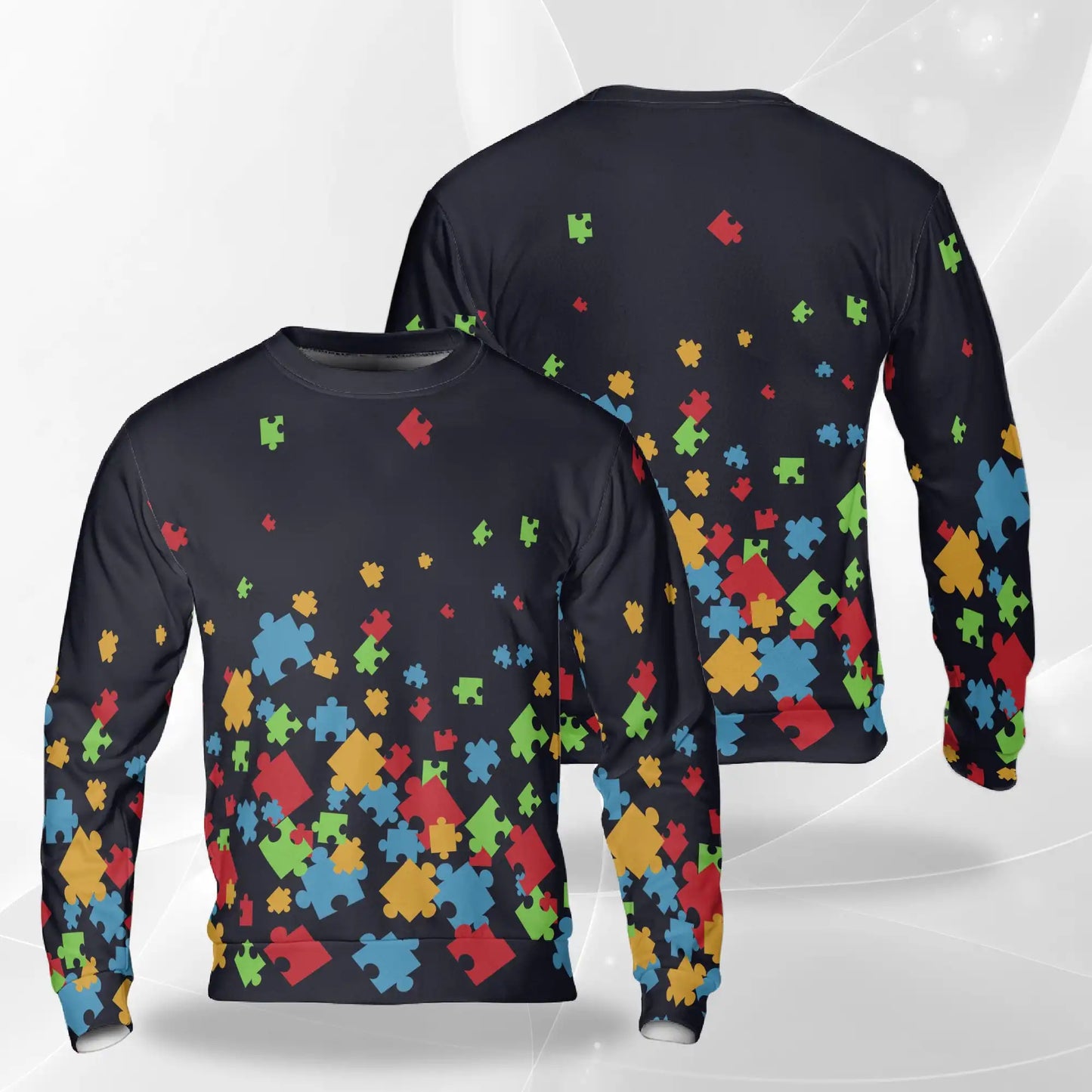 Autism Awareness Black Sweatshirt, 3D All Over Print Puzzle Heart Crewneck Pullover for Men Women, Autism Support Gift - Netecom