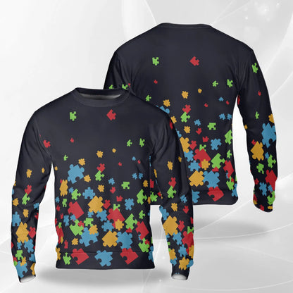 Autism Awareness Black Sweatshirt, 3D All Over Print Puzzle Heart Crewneck Pullover for Men Women, Autism Support Gift - Netecom