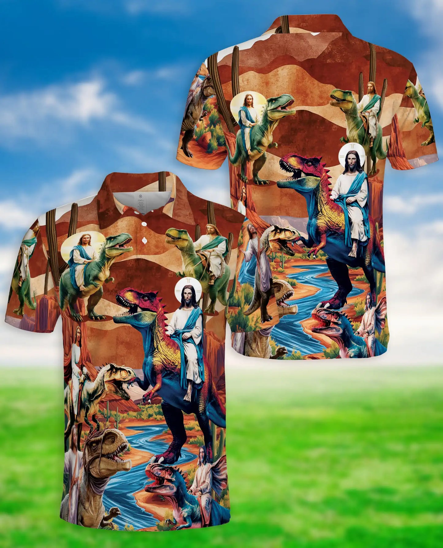 Jesus Dinosaur Polo Shirt – Fantasy Desert Print | Netecom