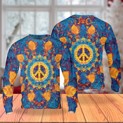 Hippie Peace Sweatshirt, 3D All Over Print Retro Boho Crewneck Pullover for Men Women, Peace Lover Gift - Netecom