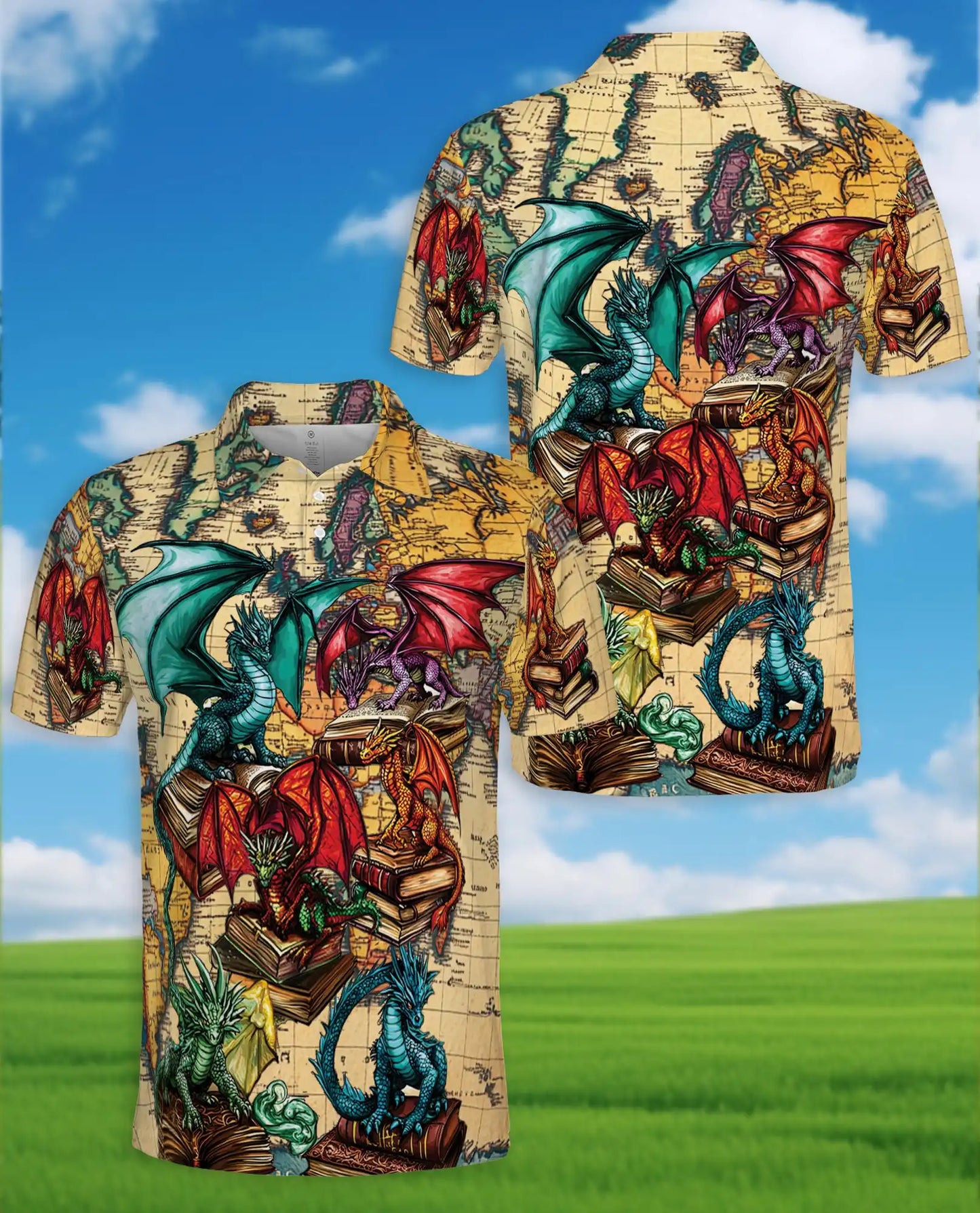 Dragon Library Polo Shirt - Fantasy Book Lover Style | Netecom