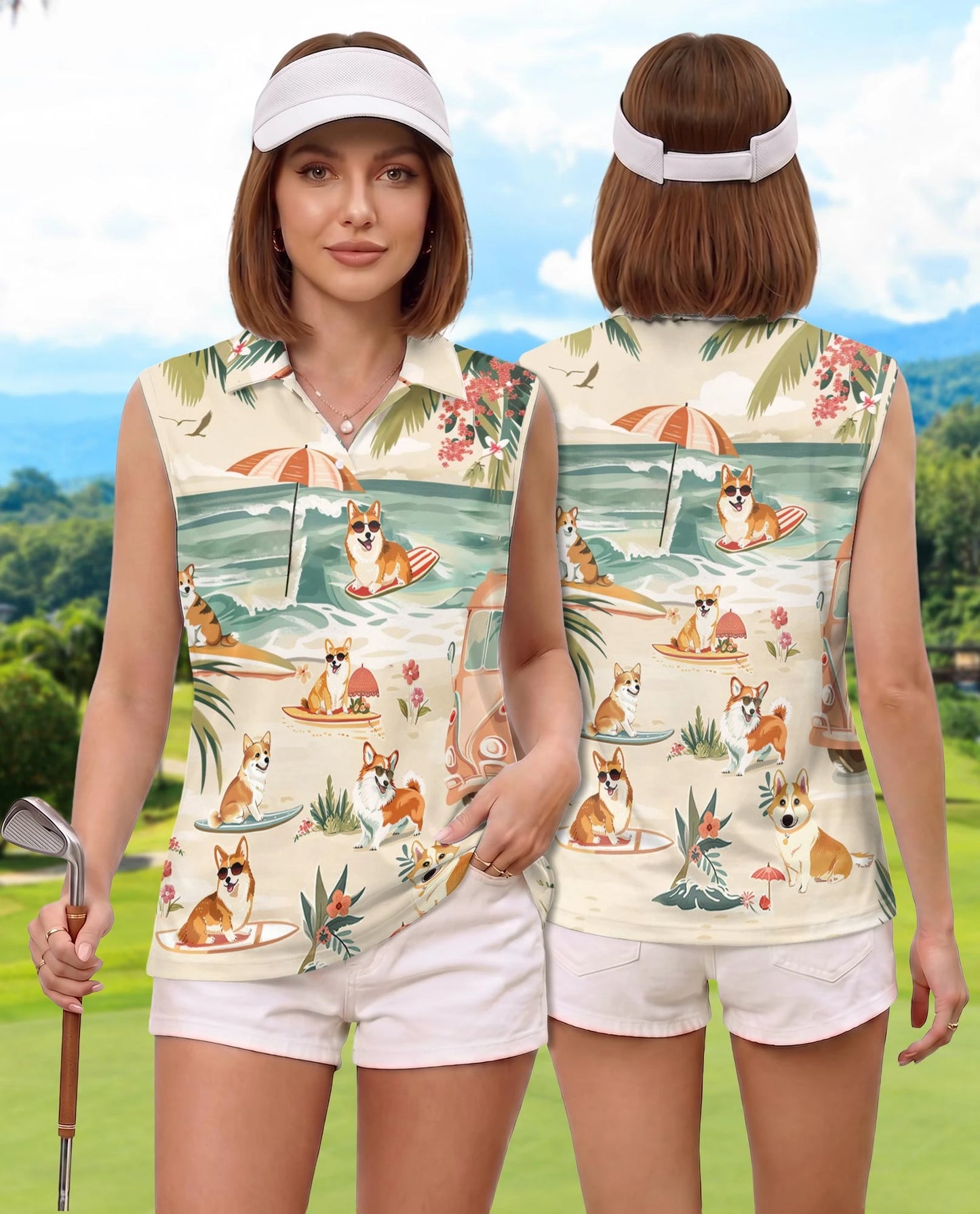 Corgi Summer Beach Sleeveless Polo Shirt for Women | Netecom