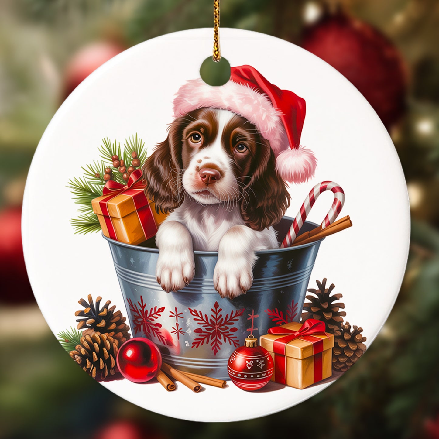 Netecom Cute English Springer Spaniel in Bucket Ornament, Dog with Santa Hat Ceramic Ornament for Christmas Tree Hanging Decorations Gift, Puppy Lover Gifts, Home Decor, Holiday Party Present