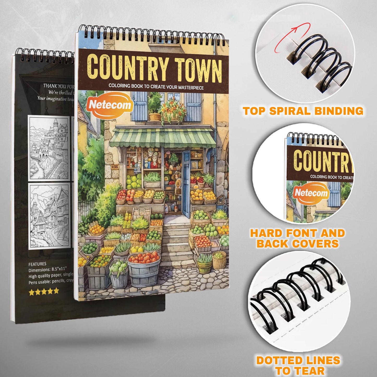 Country Town Spiral Bound Coloring Book, Picturesque Country Towns for Relaxing Coloring, Perfect for Those Seeking a Slice of Rural Life