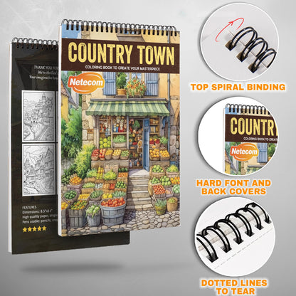 Country Town Spiral Bound Coloring Book, Picturesque Country Towns for Relaxing Coloring, Perfect for Those Seeking a Slice of Rural Life