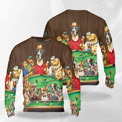 Vintage Billiard Dogs Playing Pool Sweatshirt, 3D All Over Print Funny Pool Crewneck Pullover for Men Women, Billiards Lover Gift - Netecom