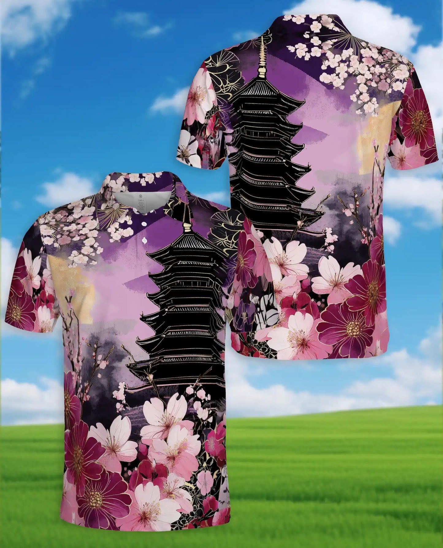 Sakura Pagoda Polo Shirt - Japanese Floral Art Style | Netecom