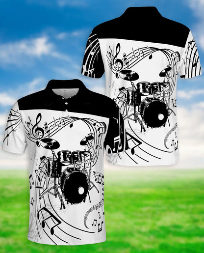 Drum Music 3D Polo Shirt for Men – Black White Band Art Style | Netecom