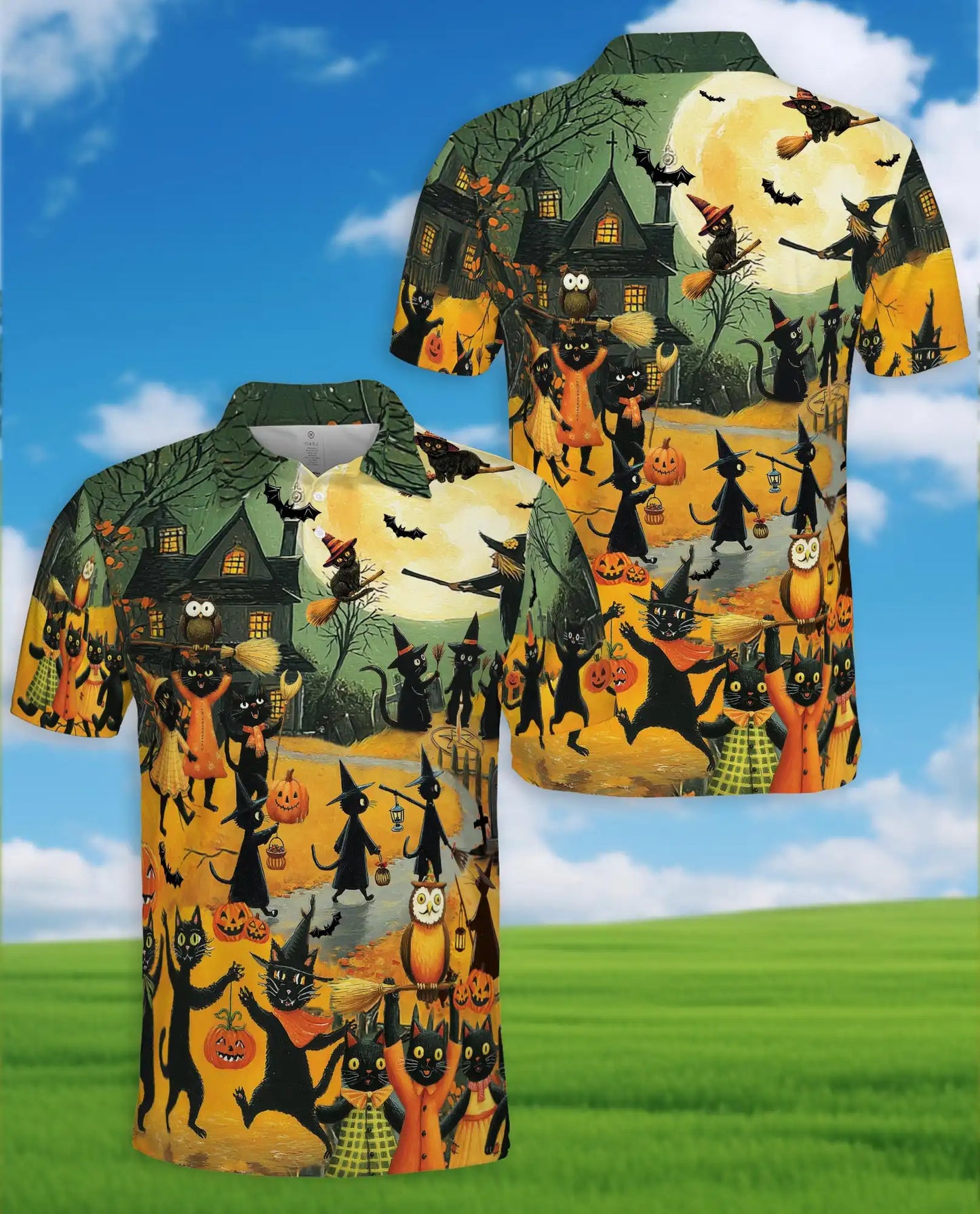 Halloween Cat Parade Polo Shirt for Men – Spooky Black Cats Print | Netecom