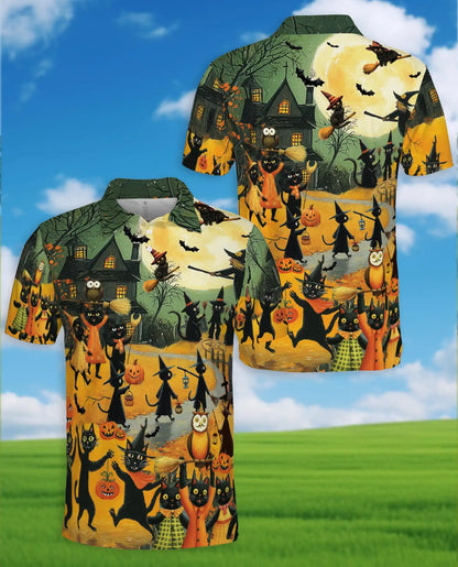 Halloween Cat Parade Polo Shirt for Men – Spooky Black Cats Print | Netecom