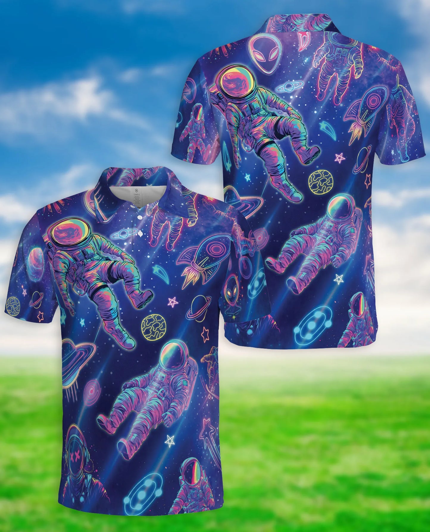 Astronaut Space 3D Polo Shirt for Men – Neon Galaxy Sci-Fi Style | Netecom