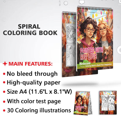 Painted With Her Love Spiral Bound Coloring Book, Unleash Your Creativity with 30 Charming Pages Filled with Heartfelt Moments of Lesbian Romance and Togetherness.